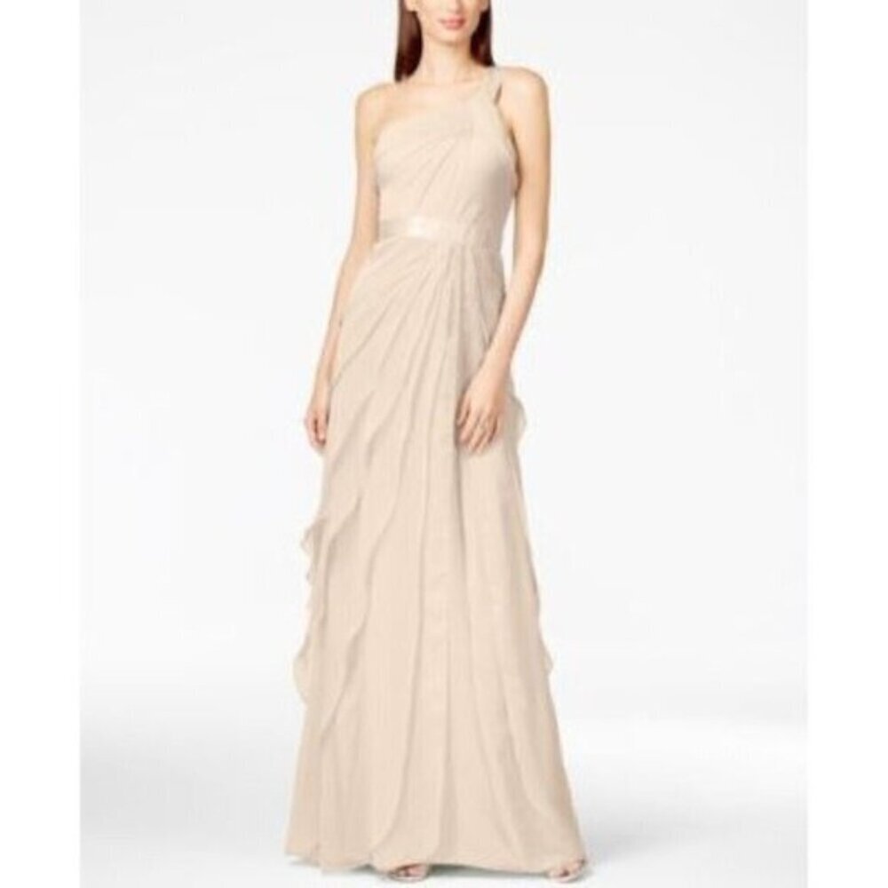 Adrianna Papell Blush One Shoulder Evening Gown Size 14.Long Ruffled Dress